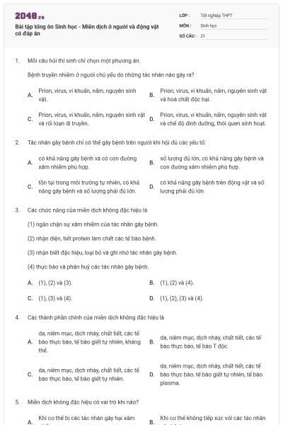 Bài tập tổng ôn Sinh học - Miễn dịch ở người và động vật có đáp án