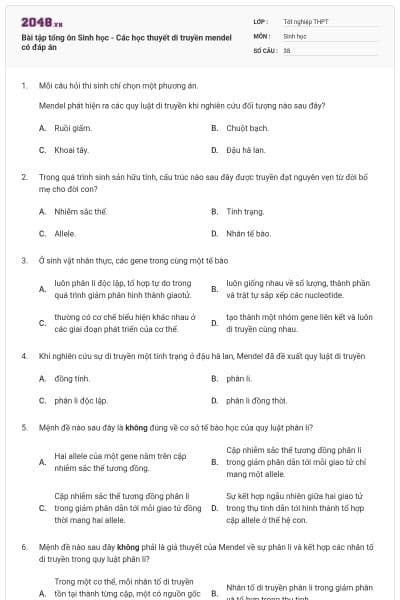 Bài tập tổng ôn Sinh học - Các học thuyết di truyền mendel có đáp án