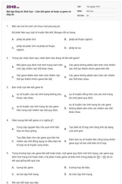 Bài tập tổng ôn Sinh học - Liên kết gene và hoán vị gene có đáp án