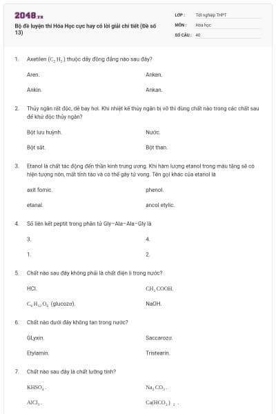 Bộ đề luyện thi Hóa Học cực hay có lời giải chi tiết (Đề số 13)