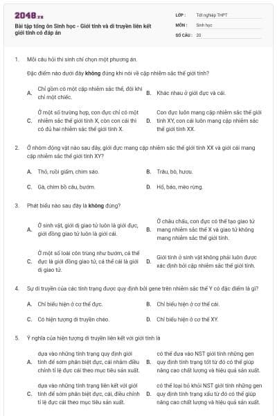 Bài tập tổng ôn Sinh học - Giới tính và di truyền liên kết giới tính có đáp án