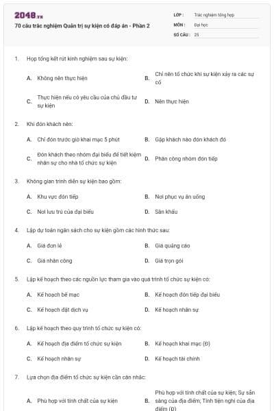 70 câu trắc nghiệm Quản trị sự kiện có đáp án - Phần 2