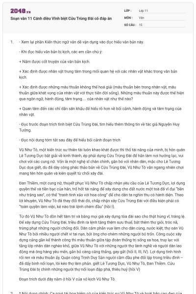 Soạn văn 11 Cánh diều Vĩnh biệt Cửu Trùng Đài có đáp án