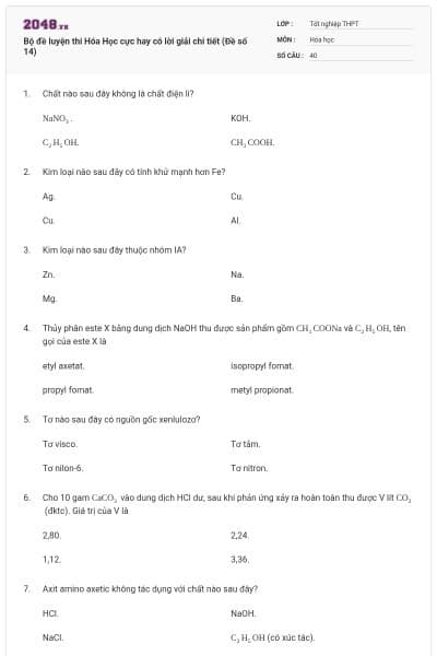 Bộ đề luyện thi Hóa Học cực hay có lời giải chi tiết (Đề số 14)