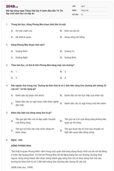Bài tập hàng ngày Tiếng Việt lớp 4 Cánh diều Bài 19: Ôn tập cuối năm học có đáp án