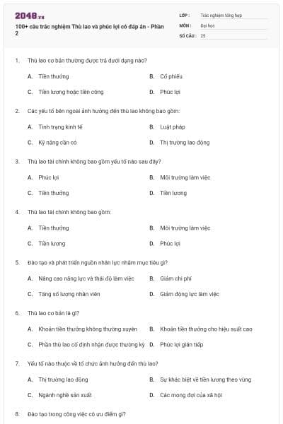 100+ câu trắc nghiệm Thù lao và phúc lợi có đáp án - Phần 2
