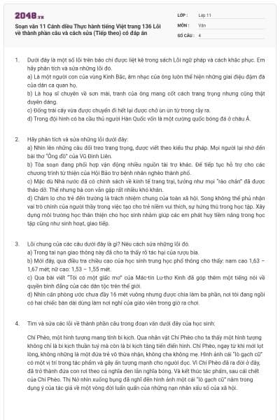 Soạn văn 11 Cánh diều Thực hành tiếng Việt trang 136 Lỗi về thành phần câu và cách sửa (Tiếp theo) có đáp án