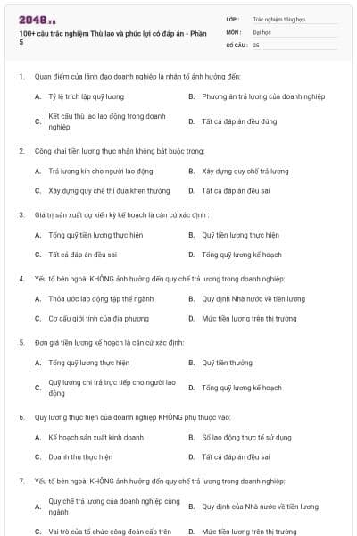 100+ câu trắc nghiệm Thù lao và phúc lợi có đáp án - Phần 5