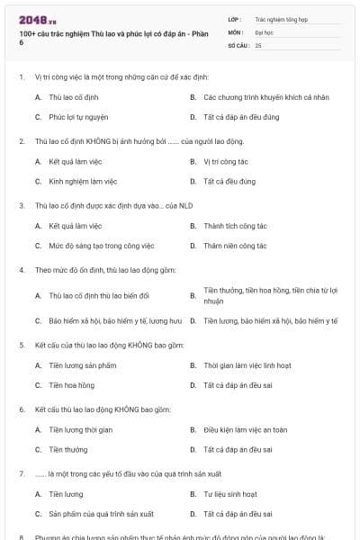 100+ câu trắc nghiệm Thù lao và phúc lợi có đáp án - Phần 6