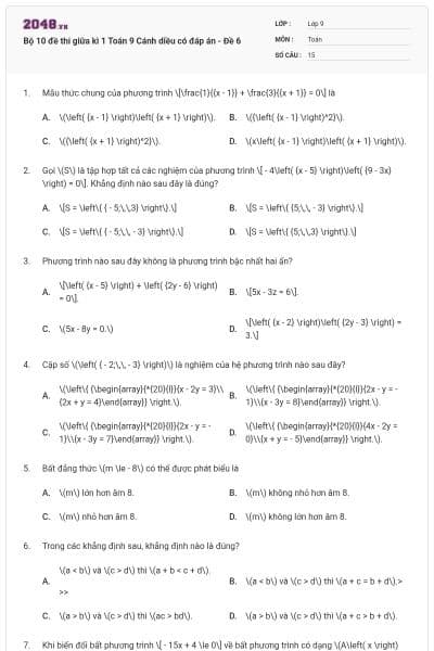 Bộ 10 đề thi giữa kì 1 Toán 9 Cánh diều có đáp án - Đề 6