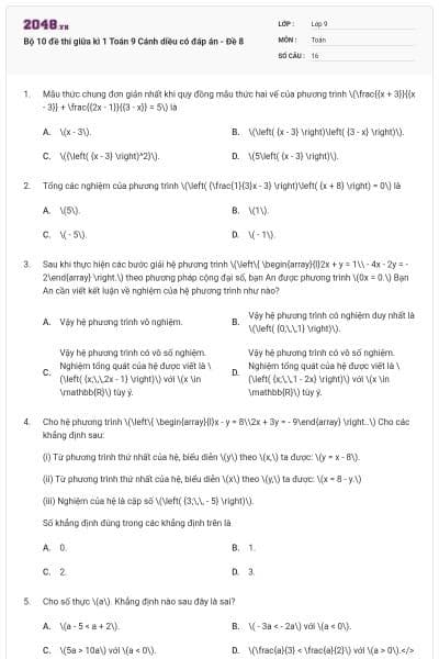 Bộ 10 đề thi giữa kì 1 Toán 9 Cánh diều có đáp án - Đề 8