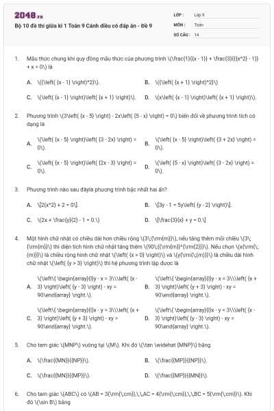 Bộ 10 đề thi giữa kì 1 Toán 9 Cánh diều có đáp án - Đề 9