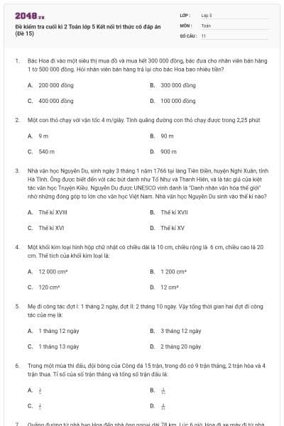 Đề kiểm tra cuối kì 2 Toán lớp 5 Kết nối tri thức có đáp án (Đề 15)
