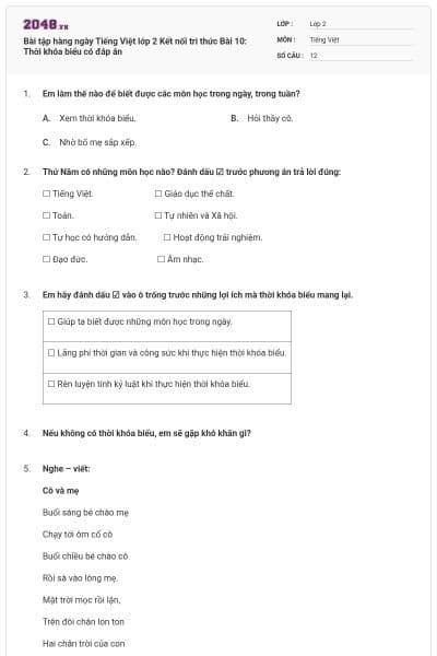 Bài tập hàng ngày Tiếng Việt lớp 2 Kết nối tri thức Bài 10: Thời khóa biểu có đáp án