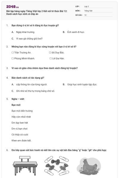 Bài tập hàng ngày Tiếng Việt lớp 2 Kết nối tri thức Bài 12: Danh sách học sinh có đáp án