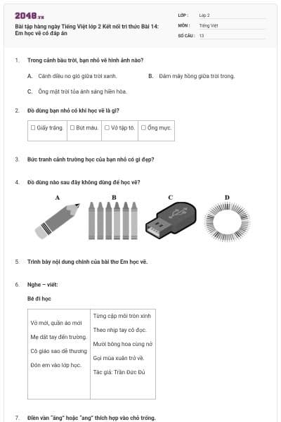 Bài tập hàng ngày Tiếng Việt lớp 2 Kết nối tri thức Bài 14: Em học vẽ có đáp án