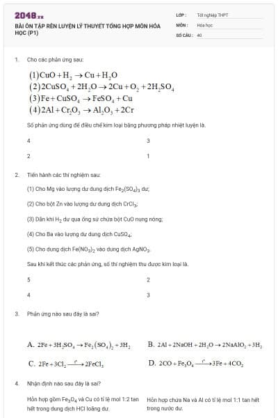 BÀI ÔN TẬP RÈN LUYỆN LÝ THUYẾT TỔNG HỢP MÔN HÓA HỌC (P1)