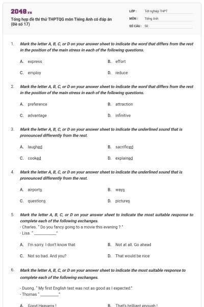 Tổng hợp đề thi thử THPTQG môn Tiếng Anh có đáp án (Đề số 17)