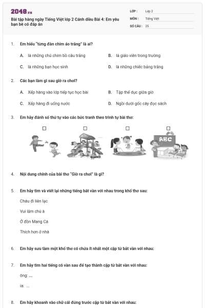 Bài tập hàng ngày Tiếng Việt lớp 2 Cánh diều Bài 4: Em yêu bạn bè có đáp án