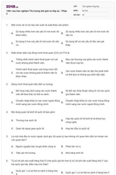 100+ câu trắc nghiệm Thị trường thế giới có đáp án - Phần 2