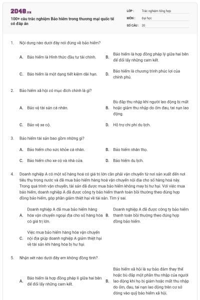 100+ câu trắc nghiệm Bảo hiểm trong thương mại quốc tế có đáp án