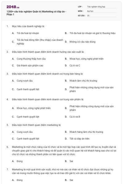 1200+ câu trắc nghiệm Quản trị Marketing có đáp án - Phần 1
