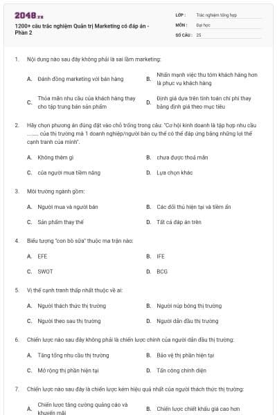 1200+ câu trắc nghiệm Quản trị Marketing có đáp án - Phần 2