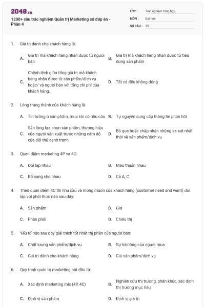 1200+ câu trắc nghiệm Quản trị Marketing có đáp án - Phần 4