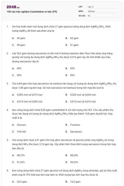 100 câu trắc nghiệm Cacbohidrat cơ bản (P4)