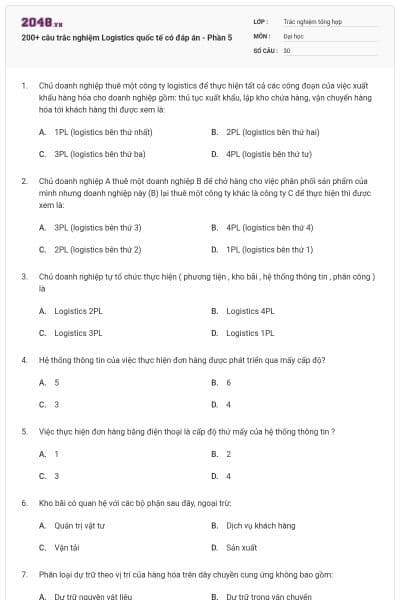 200+ câu trắc nghiệm Logistics quốc tế có đáp án - Phần 5