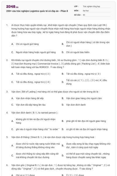 200+ câu trắc nghiệm Logistics quốc tế có đáp án - Phần 8