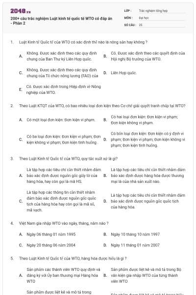 200+ câu trắc nghiệm Luật kinh tế quốc tế WTO có đáp án - Phần 2