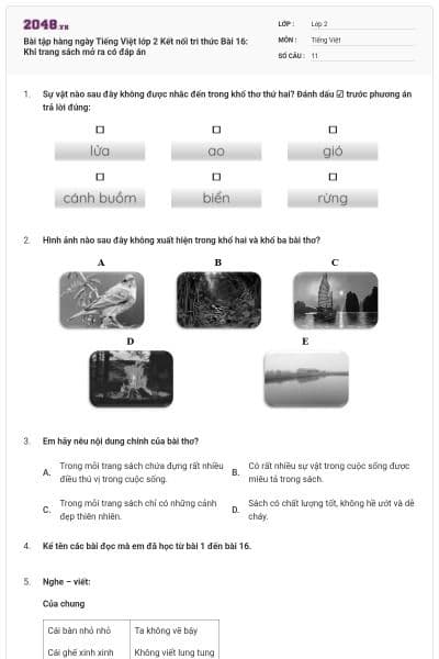 Bài tập hàng ngày Tiếng Việt lớp 2 Kết nối tri thức Bài 16: Khi trang sách mở ra có đáp án