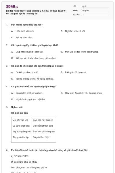 Bài tập hàng ngày Tiếng Việt lớp 2 Kết nối tri thức Tuần 9: Ôn tập giữa học kì 1 có đáp án