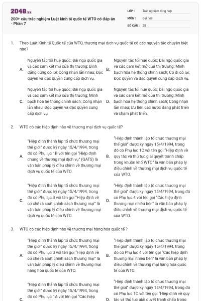 200+ câu trắc nghiệm Luật kinh tế quốc tế WTO có đáp án - Phần 7