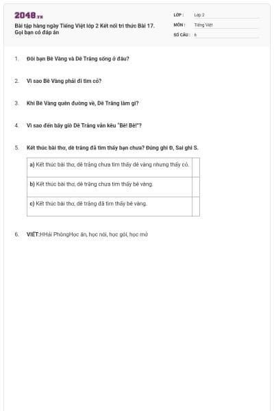 Bài tập hàng ngày Tiếng Việt lớp 2 Kết nối tri thức Bài 17. Gọi bạn có đáp án