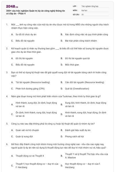 300+ câu trắc nghiệm Quản trị dự án công nghệ thông tin có đáp án - Phần 4