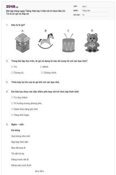 Bài tập hàng ngày Tiếng Việt lớp 2 Kết nối tri thức Bài 22: Tớ là Lê-gô có đáp án