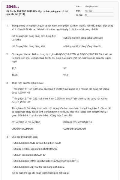 Đề Ôn thi THPTQG 2019 Hóa Học cơ bản, nâng cao có lời giải chi tiết (P11)