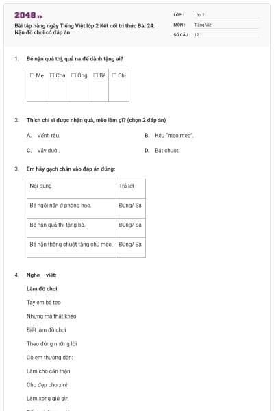 Bài tập hàng ngày Tiếng Việt lớp 2 Kết nối tri thức Bài 24: Nặn đồ chơi có đáp án