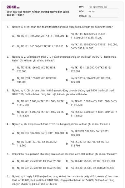 200+ câu trắc nghiệm Kế toán thương mại và dịch vụ có đáp án - Phần 4