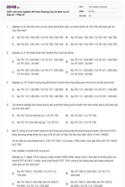 200+ câu trắc nghiệm Kế toán thương mại và dịch vụ có đáp án - Phần 8
