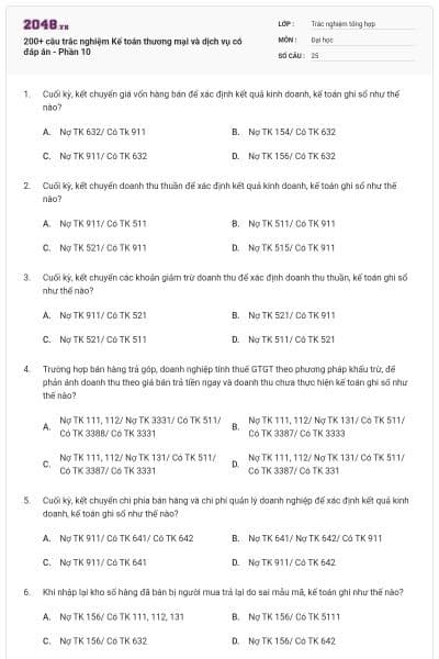 200+ câu trắc nghiệm Kế toán thương mại và dịch vụ có đáp án - Phần 10