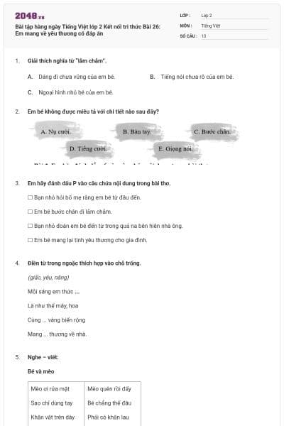 Bài tập hàng ngày Tiếng Việt lớp 2 Kết nối tri thức Bài 26: Em mang về yêu thương có đáp án