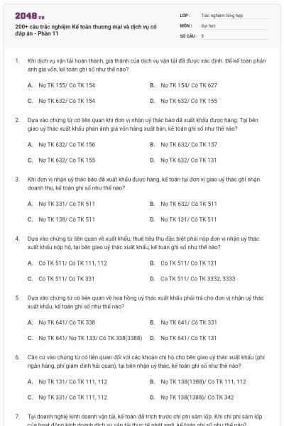 200+ câu trắc nghiệm Kế toán thương mại và dịch vụ có đáp án - Phần 11
