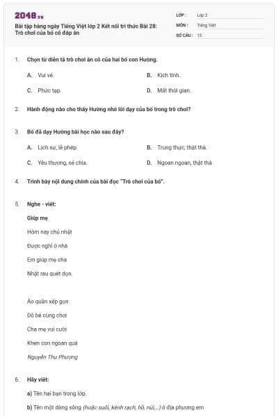 Bài tập hàng ngày Tiếng Việt lớp 2 Kết nối tri thức Bài 28: Trò chơi của bố có đáp án