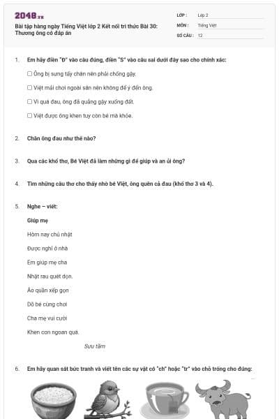 Bài tập hàng ngày Tiếng Việt lớp 2 Kết nối tri thức Bài 30: Thương ông có đáp án