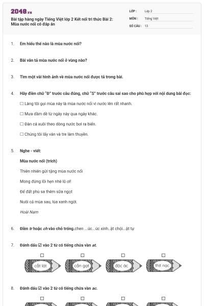 Bài tập hàng ngày Tiếng Việt lớp 2 Kết nối tri thức Bài 2: Mùa nước nổi có đáp án