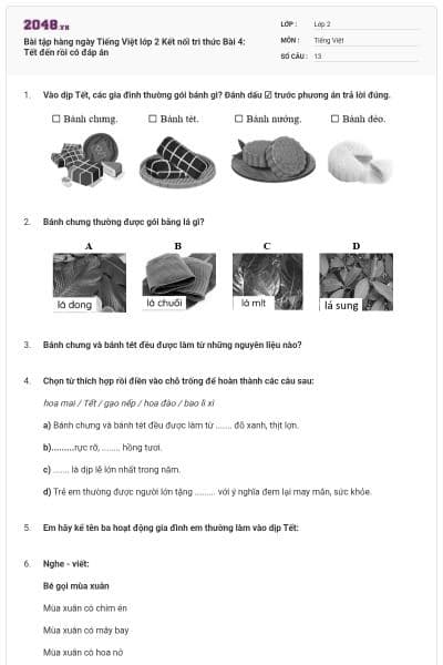 Bài tập hàng ngày Tiếng Việt lớp 2 Kết nối tri thức Bài 4: Tết đến rồi có đáp án