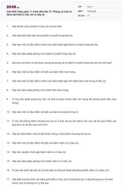 Giải SGK Công nghệ 11 Cánh diều Bài 15. Phòng, trị một số bệnh phổ biến ở trâu, bò có đáp án